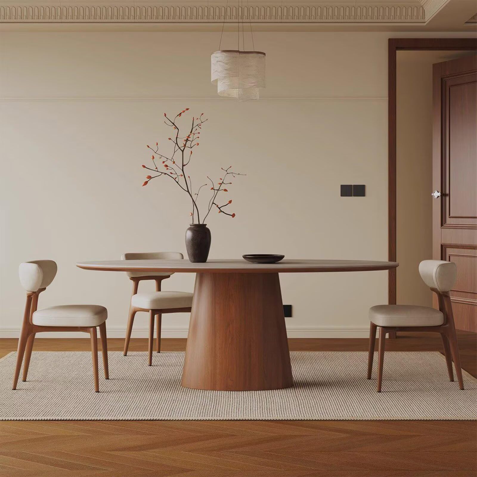 63"-79"Japandi Style Dining Table, Oval Light Top with Solid Wood Tapered Base for 4-6