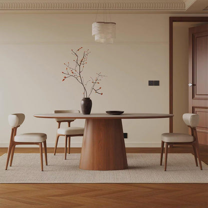 63"-79"Japandi Style Dining Table, Oval Light Top with Solid Wood Tapered Base for 4-6
