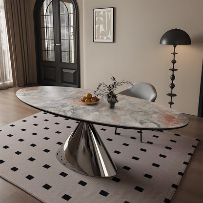 63"-79"Modern Oval Marble Dining Table with Polished Chrome Base, Luxury Kitchen Table for 4-6 People