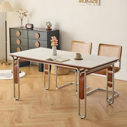 63"-71"Vintage Style Dining Table, Modern Rectangular Kitchen Table with Polished Metal Cantilever Legs