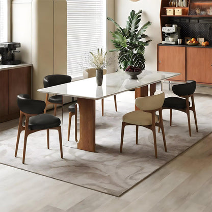 63"-79"Modern White Marble Dining Table with Wood Legs, Rectangular Kitchen Table for 6 People, Mid-Century Style