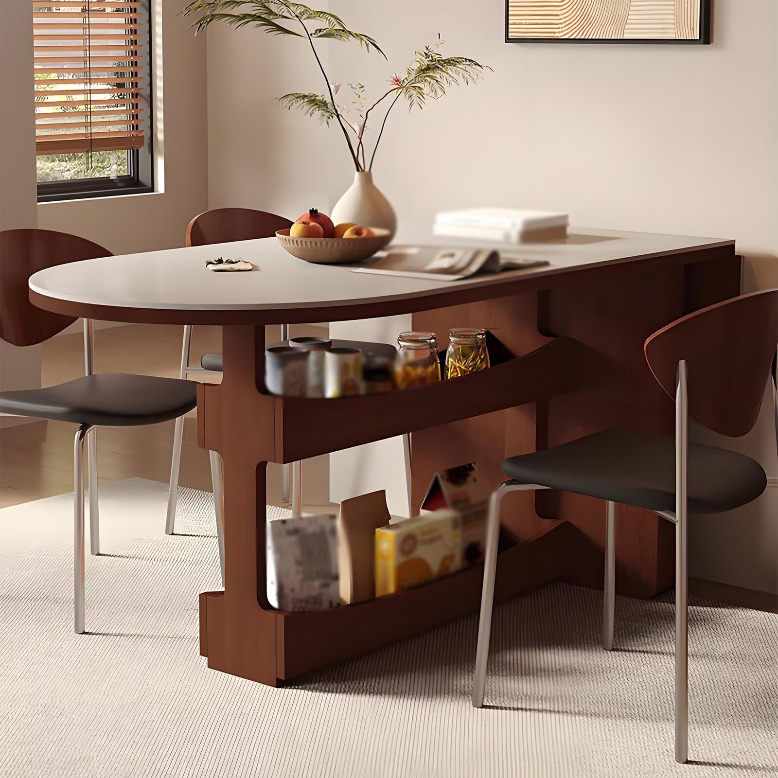 63"-71"Mid-Century Modern Oval Dining Table with Side Storage, Wooden Kitchen Table for 4 People