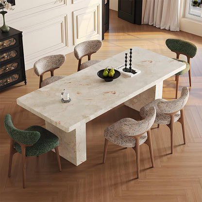 63"-79"Cream Marble Dining Table, Modern Rectangular Table with Chunky Stone Base