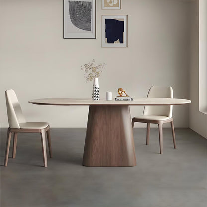 63"-79"Mid-Century Oval Dining Table, White Sintered Stone Top with Walnut Pedestal Base
