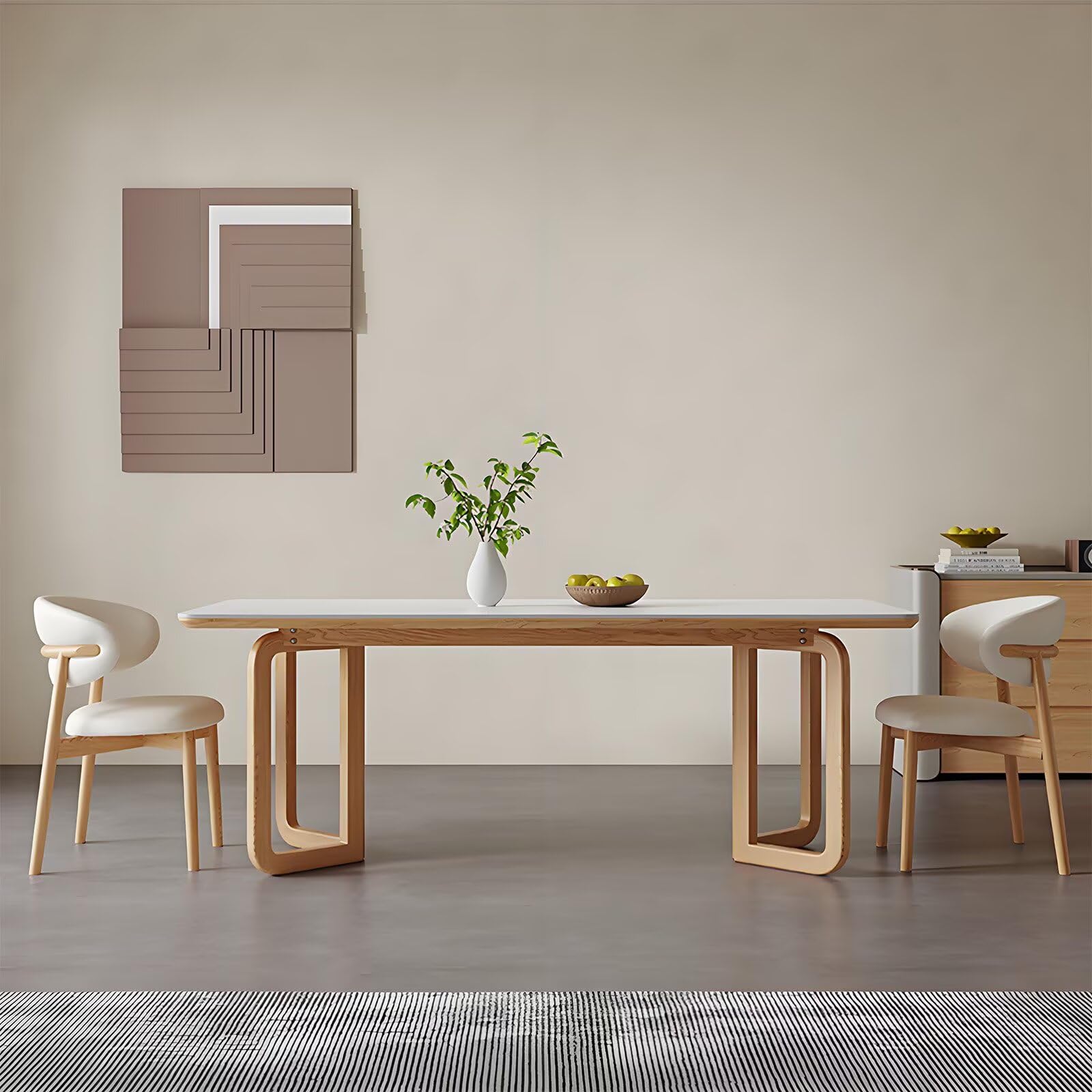 62"-78"Modern Dining Table, White Sintered Stone Top with Natural Wood U-Shaped Legs