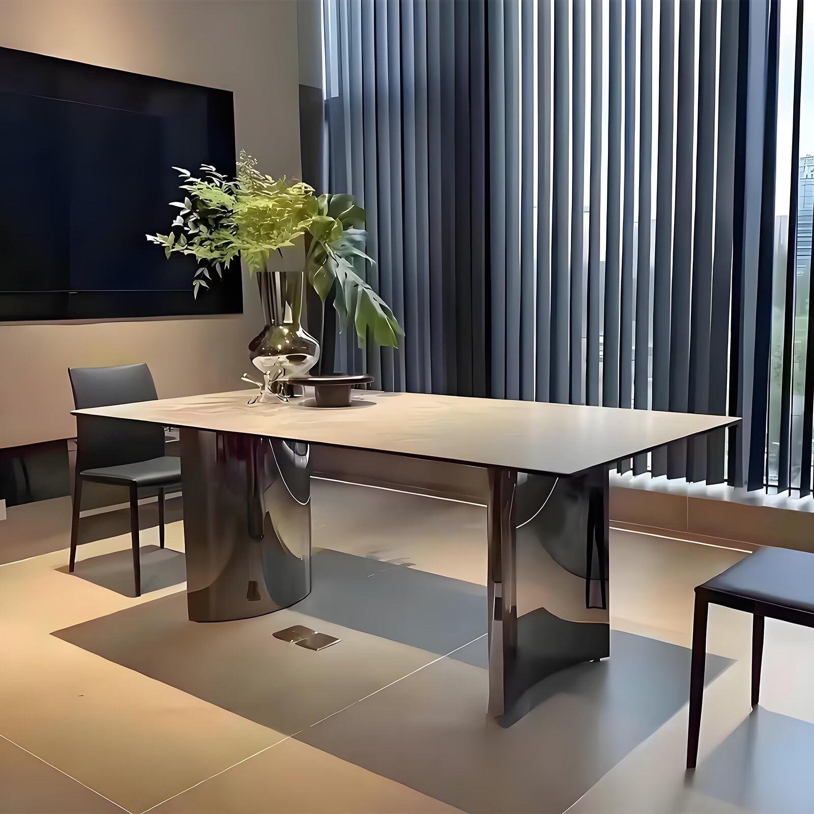 63"-79"Luxury Modern Dining Table, Rectangular Marble Top with Polished Chrome Metal Legs