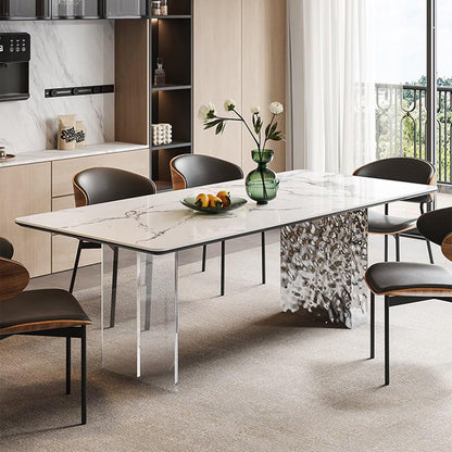 63"-71"Luxury Rectangular Dining Table, Glossy White Marble Top with Clear Acrylic & Silver Base for 6
