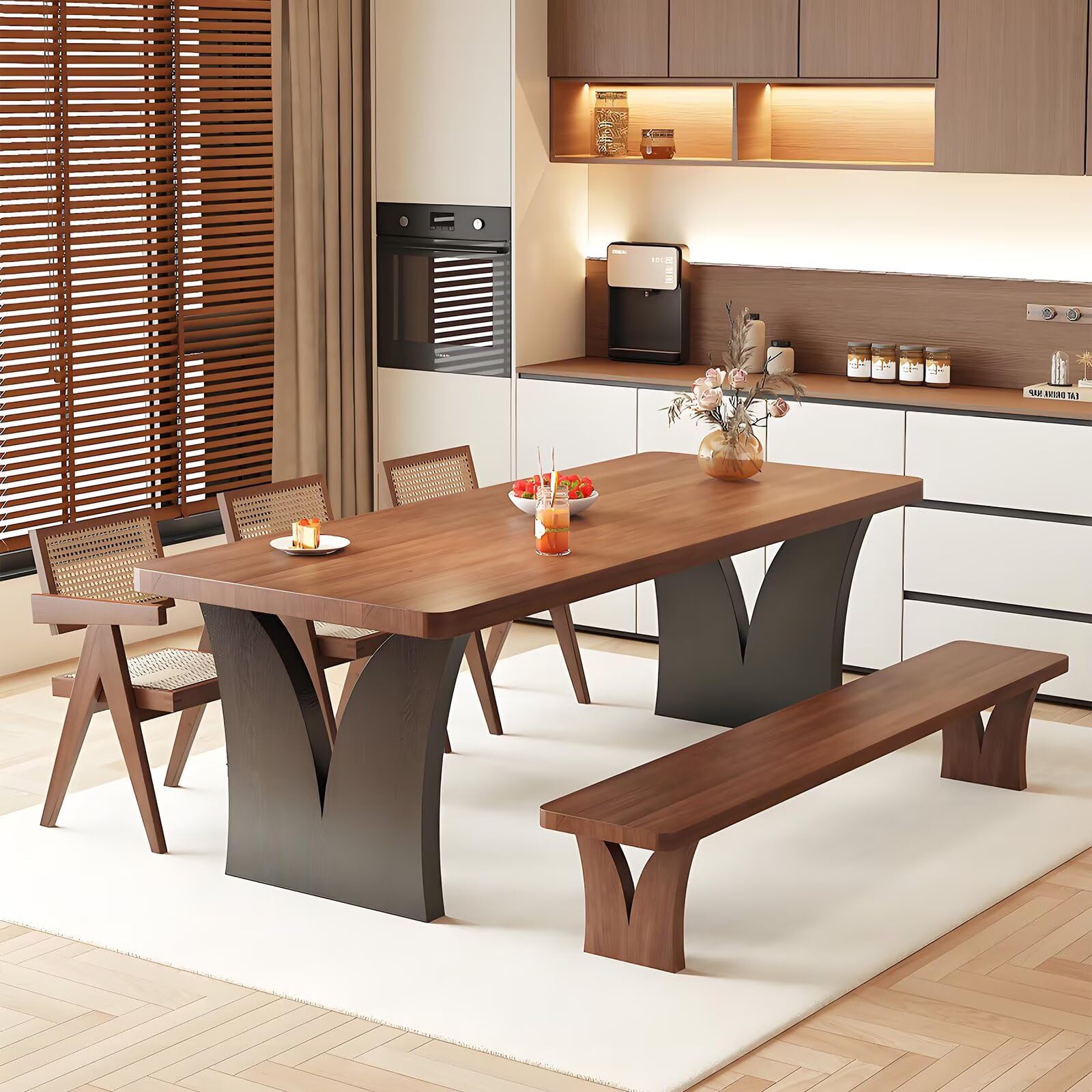 63"-79"Retro Style Wooden Dining Table, Brown Rectangular Kitchen Table with Unique Curved Legs for Dining Room