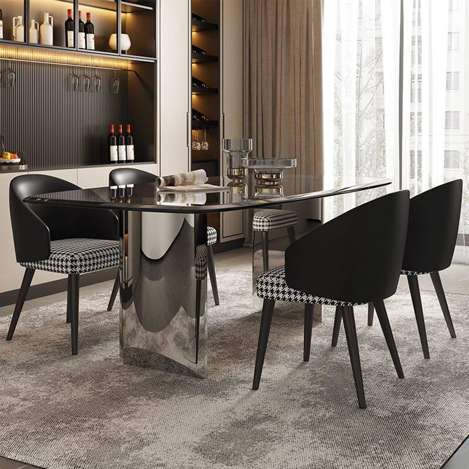 63"-79"Elegant Modern Dining Table, Rectangular Marble Top with Shiny Chrome Pedestal for Home