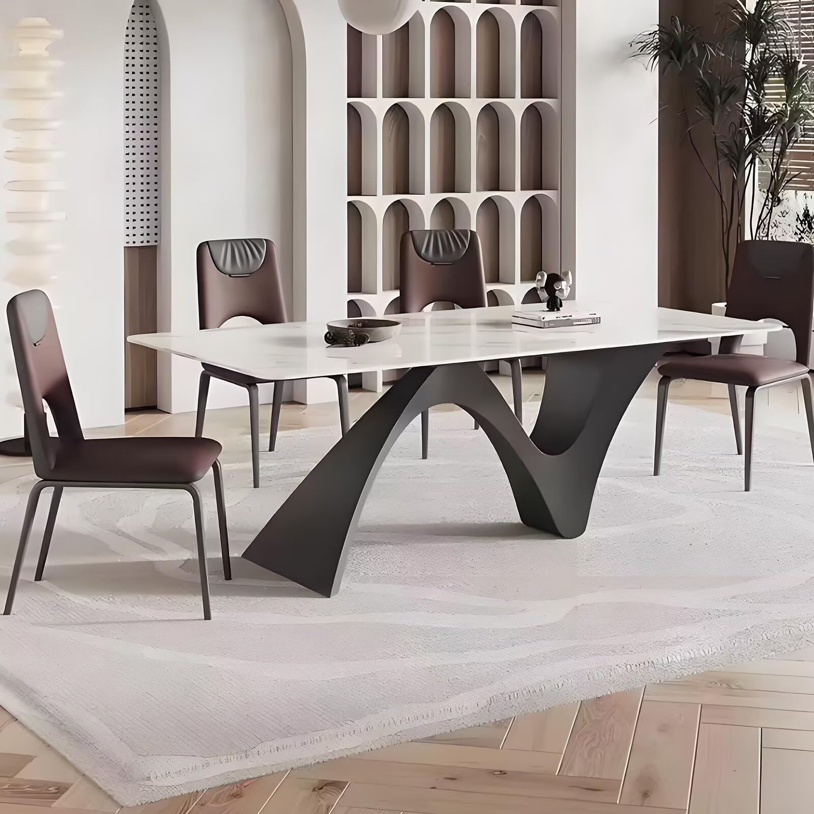 63"-79"Elegant Statement Dining Table, Rectangular Marble Top with Unique Curved Metal Base