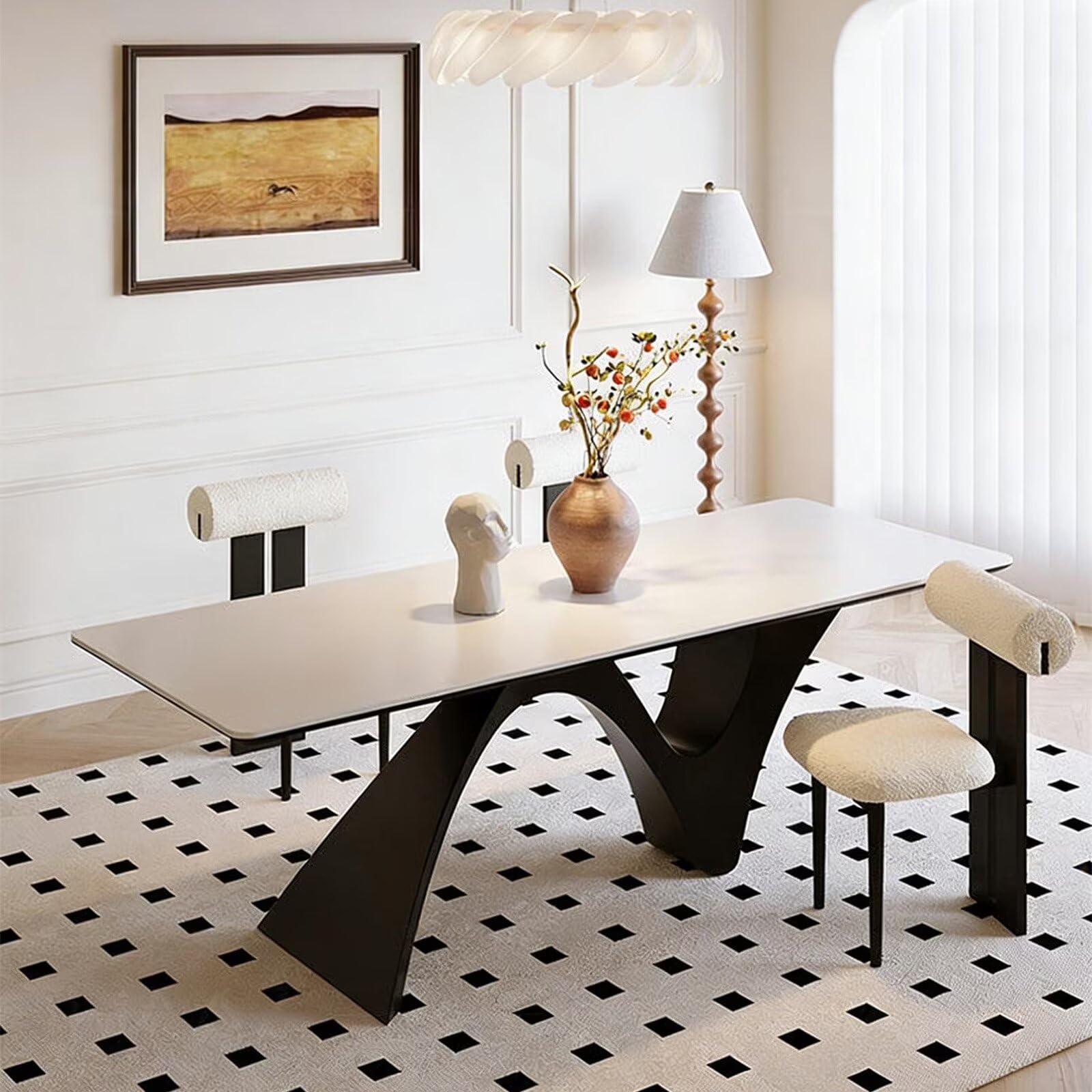 63"-79"Elegant Minimalist Dining Table, White Top with Abstract Curved Black Legs for 4-6