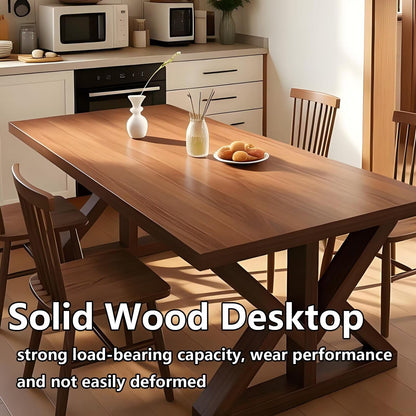 63"Rustic Solid Wood Dining Table, Rectangular Farmhouse Kitchen Table with Cross Base for 4-6 People