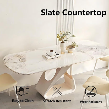 63"-79"Luxury Cream Dining Table, White Marble Top with Sculptural Base for 6 People