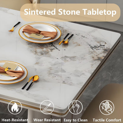 62"-78"Elegant White Marble Dining Table with Gold Trim, Sturdy Base for Dining Room