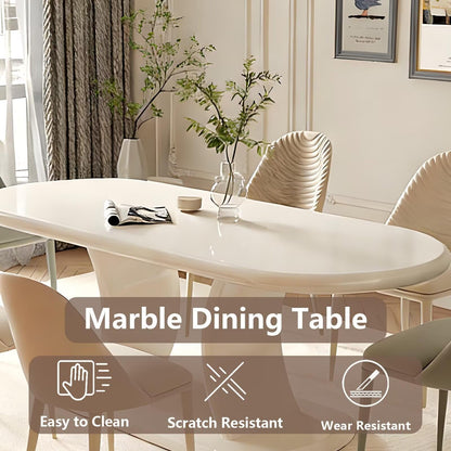 62"-78"Cream White Oval Dining Table, Modern Glossy Finish Table for 6 People