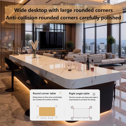 63"-79"White Marble Kitchen Island Bar with LED Lighting, Modern Counter with Rounded Corners