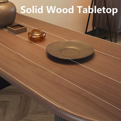 63"-79"Retro Wood Dining Table, Oval Walnut Top with Black Ribbed Base