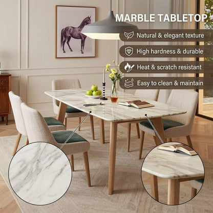63"-79"White Marble Dining Table with Wood Legs, Modern Rectangular Mid-Century Kitchen Table