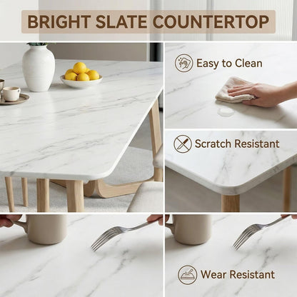 63"-79"Modern Rectangular Dining Table, Marble Top with Natural Oak Cross Base