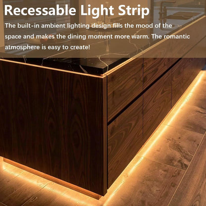 63“-79”Black Marble Kitchen Island with Wood Cabinet & LED Lighting, Modern Kitchen Counter