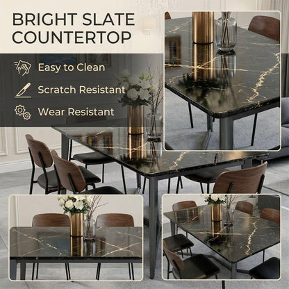 63"-79"Luxury Black Marble Dining Table, Sleek Metal Base for Contemporary Dining Room