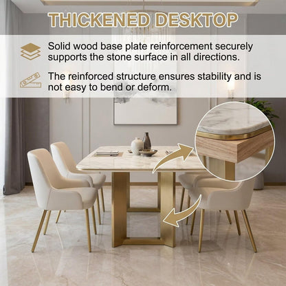 63"-79"Luxury Rectangular Dining Table, White Marble Top with Sleek Gold Metal Legs