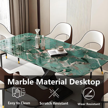 63"Luxury Dining Table, Green Marble Top with Matte Black Cross Base