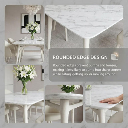 63"-79"Modern White Dining Table, Marble Top with Matching White Tapered Legs