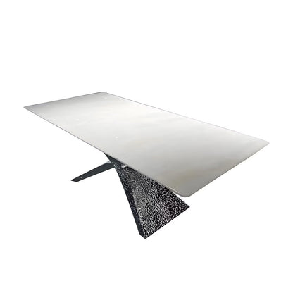 63"-79"Minimalist Dining Table, Glossy White Tabletop with Black Water Ripple Base