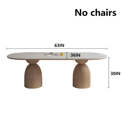 62"-78"Modern Oval Dining Table, White Top with Sculptural Wood Bases for 4-6 People