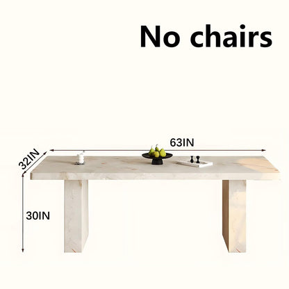 63"-79"Cream Marble Dining Table, Modern Rectangular Table with Chunky Stone Base