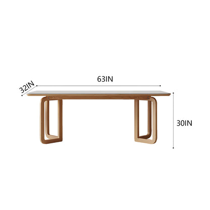 62"-78"Modern Dining Table, White Sintered Stone Top with Natural Wood U-Shaped Legs