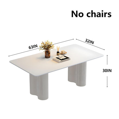62"-78"Cream White Dining Table, Matte Top with Fluted Pedestal Bases for 4-6 People