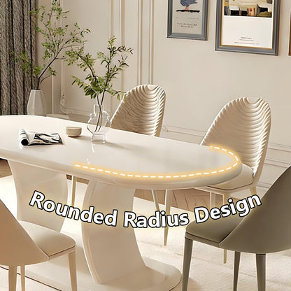 62"-78"Cream White Oval Dining Table, Modern Glossy Finish Table for 6 People