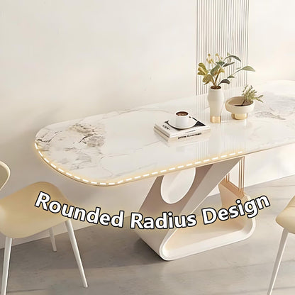63"-79"Luxury Cream Dining Table, White Marble Top with Sculptural Base for 6 People