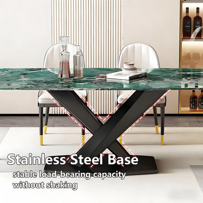 63"Modern Rectangular Dining Table, Natural Green Marble Top with X-Shaped Metal Base