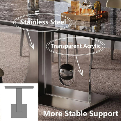 63"-79"Contemporary Statement Dining Table, Glossy Dark Marble Top with Sculptural Metal Leg