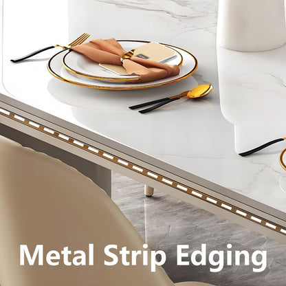 62"-78"Elegant White Marble Dining Table with Gold Trim, Sturdy Base for Dining Room