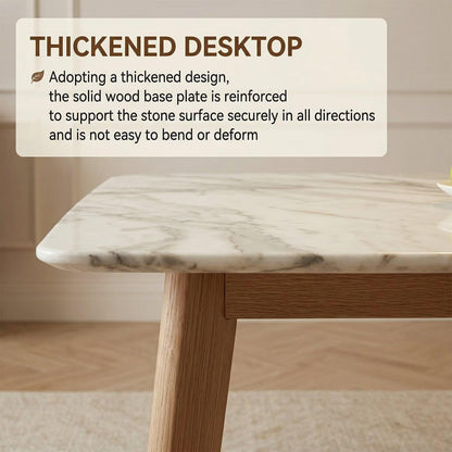63"-79"White Marble Dining Table with Wood Legs, Modern Rectangular Mid-Century Kitchen Table