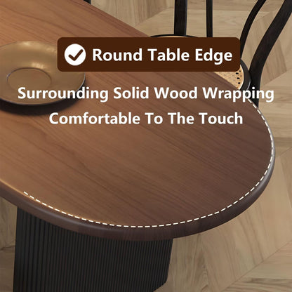 63"-79"Retro Wood Dining Table, Oval Walnut Top with Black Ribbed Base