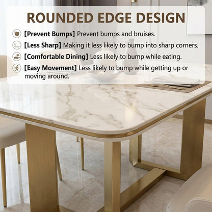 63"-79"Luxury Rectangular Dining Table, White Marble Top with Sleek Gold Metal Legs
