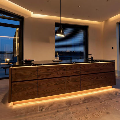 63“-79”Black Marble Kitchen Island with Wood Cabinet & LED Lighting, Modern Kitchen Counter