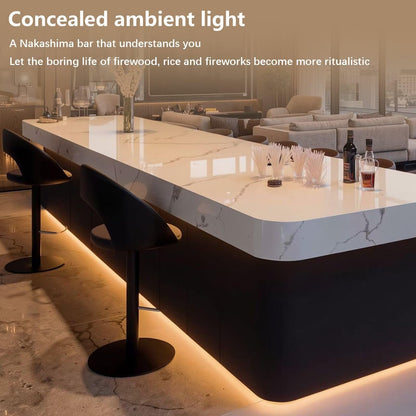 63"-79"White Marble Kitchen Island Bar with LED Lighting, Modern Counter with Rounded Corners