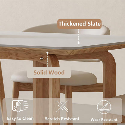 62"-78"Modern Dining Table, White Sintered Stone Top with Natural Wood U-Shaped Legs