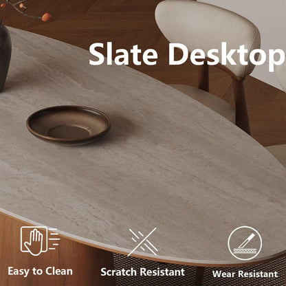 63"-79"Modern Dining Table, Oval Stone Top with Solid Wood Cone Base