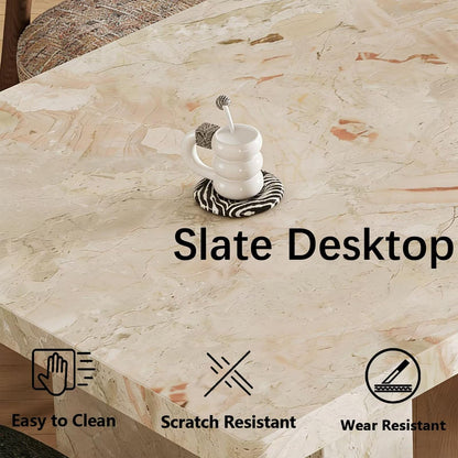 63"-79"Cream Marble Dining Table, Modern Rectangular Table with Chunky Stone Base