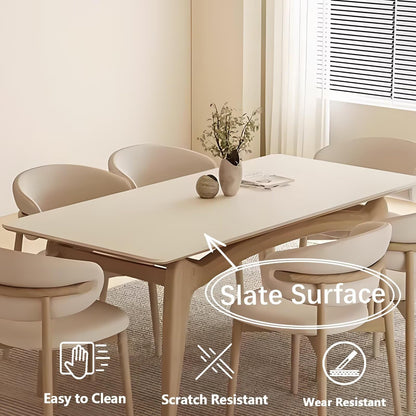 63"-71"Modern Cream Dining Table, Rectangular White Top with Natural Wood Legs for 4-6 People