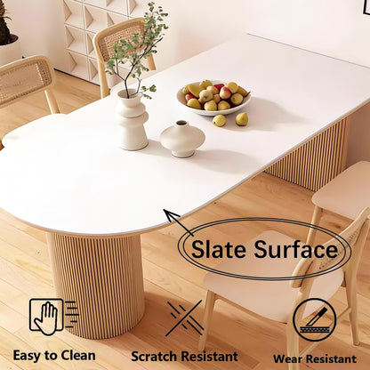 63"-71"Japandi Style Dining Table, White Sintered Stone Top with Fluted Wood Base for 4-6