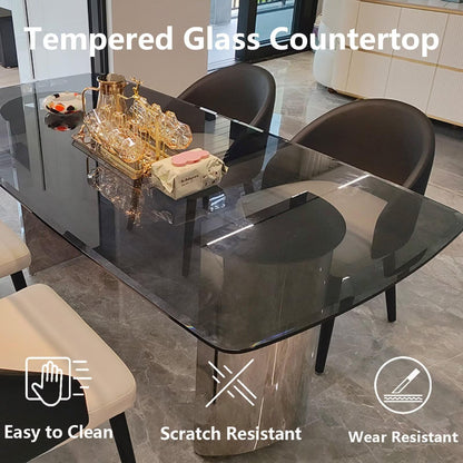 63"-79"Luxury Black Marble Dining Table, Glossy Top with Polished Metal Base for 4-6 People