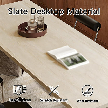 63"-79"Neutral Tone Dining Table, Beige Top with Geometric Wood & Metal Base